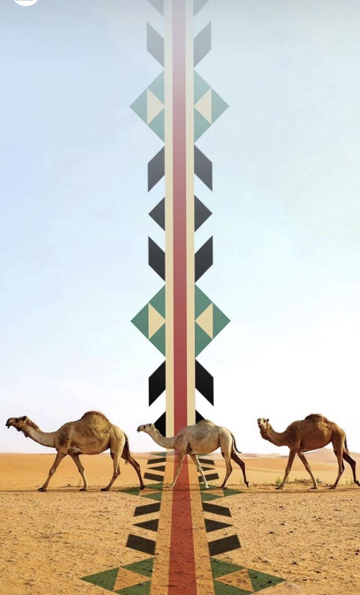 three camels are walking in front of a tall tower with geometric designs on it