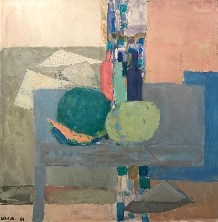 an abstract painting with blue, pink and green items on a table in front of a window