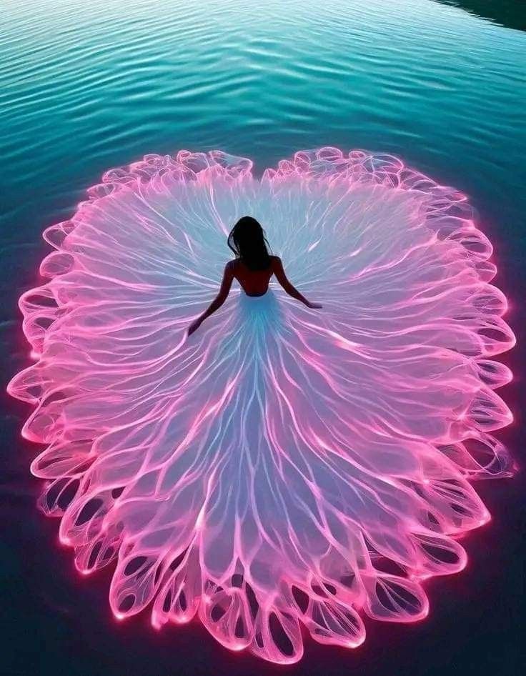 a woman is floating in the water with her arms spread out to form a heart