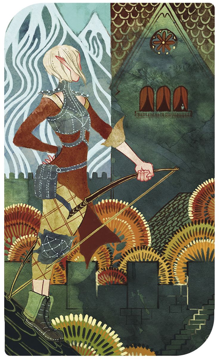 a painting of a woman with a bow and arrow in her hand, standing on top of a hill