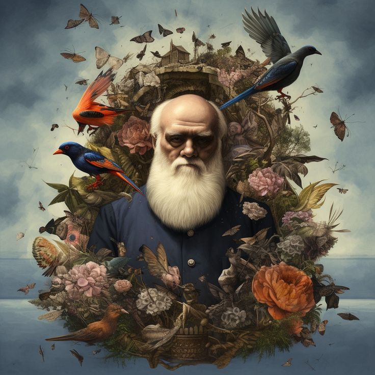 Charles Darwin surrounded by flora and fauna Dark Red Wallpaper, Natural Selection, Charles Darwin, Blog Instagram, Red Wallpaper, Inspirational People, Anthropology, Permaculture, Gaming Wall Art