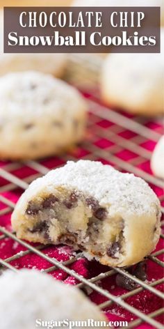 chocolate chip snowball cookies on a cooling rack with text overlay that reads, chocolate chip snowball cookies