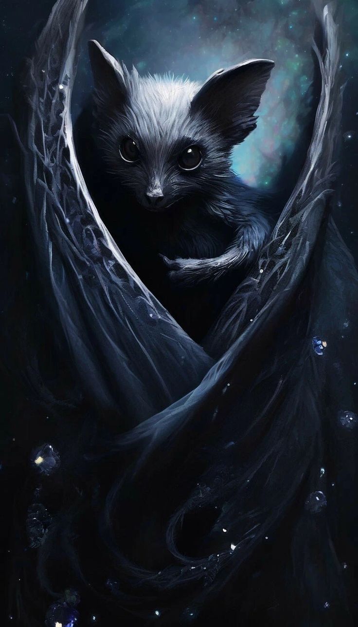 a painting of a cat with wings on it's back, in the dark