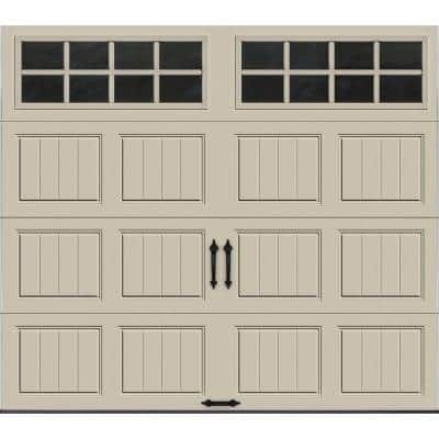 a white garage door with windows on the top and bottom panel, in front of a white background