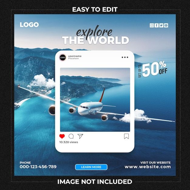 an airplane flying over the ocean with text reading easy to edit explore the world 50 % off