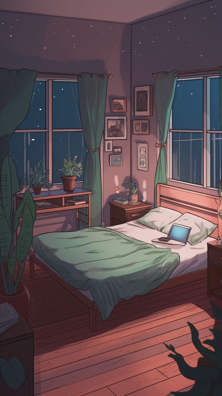 a room with a bed, desk and window in it at night or the sun is shining