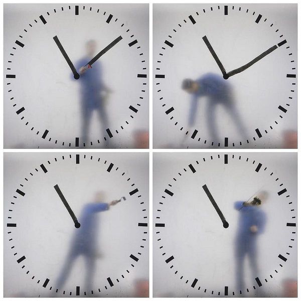 four pictures of a man holding a baseball bat in front of a clock showing the time