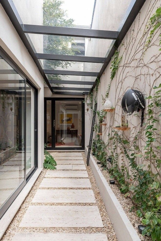 the walkway is lined with plants and rocks, leading to an indoor living area that has glass walls