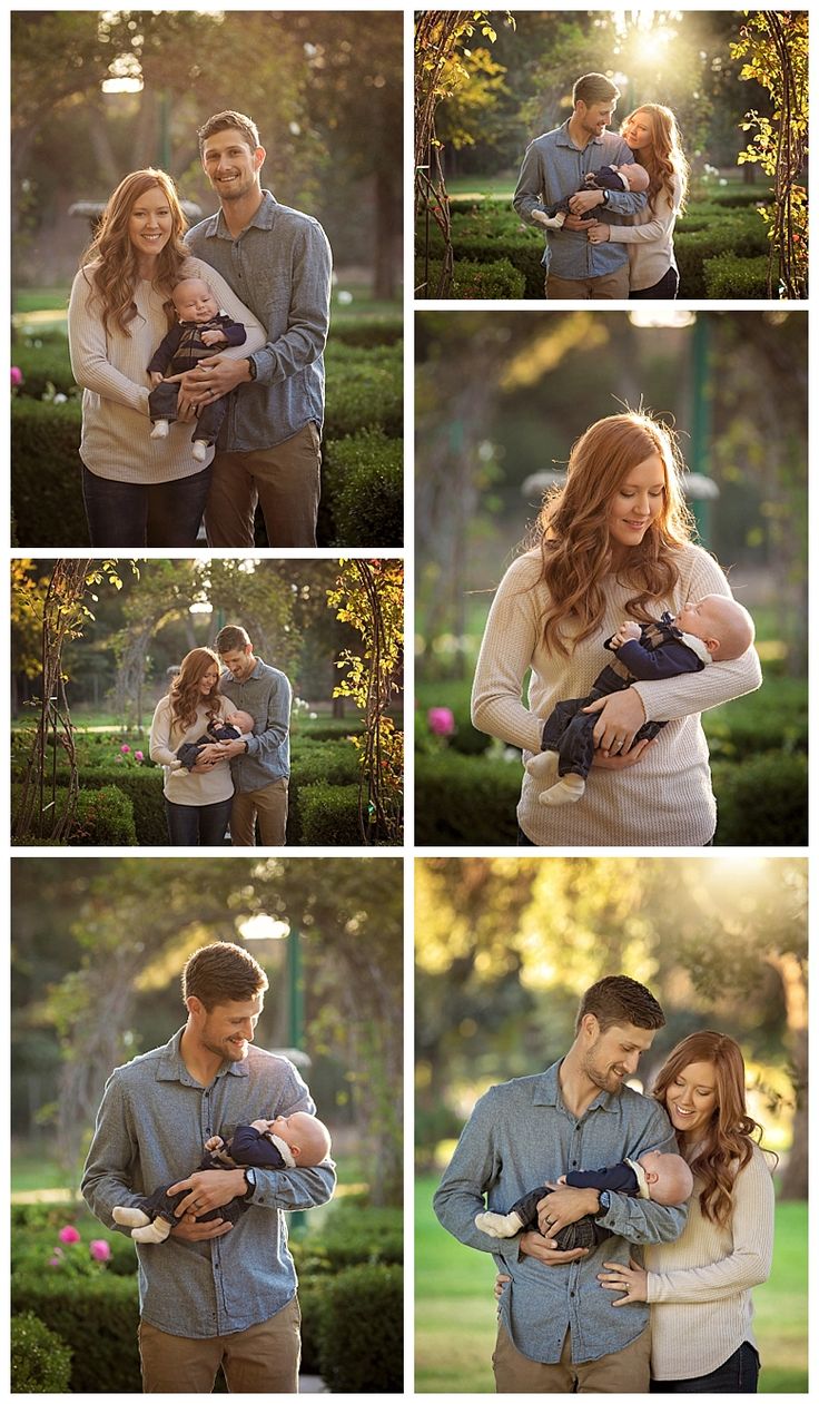 a collage of photos shows a man and woman holding their baby in the park