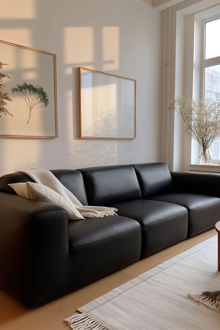 a black leather couch sitting in front of a window next to a rug and table