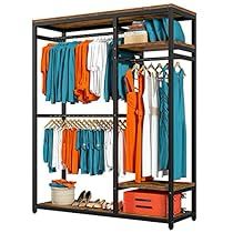 an open closet with clothes and shoes hanging on the rack, including orange pants and blue shirts