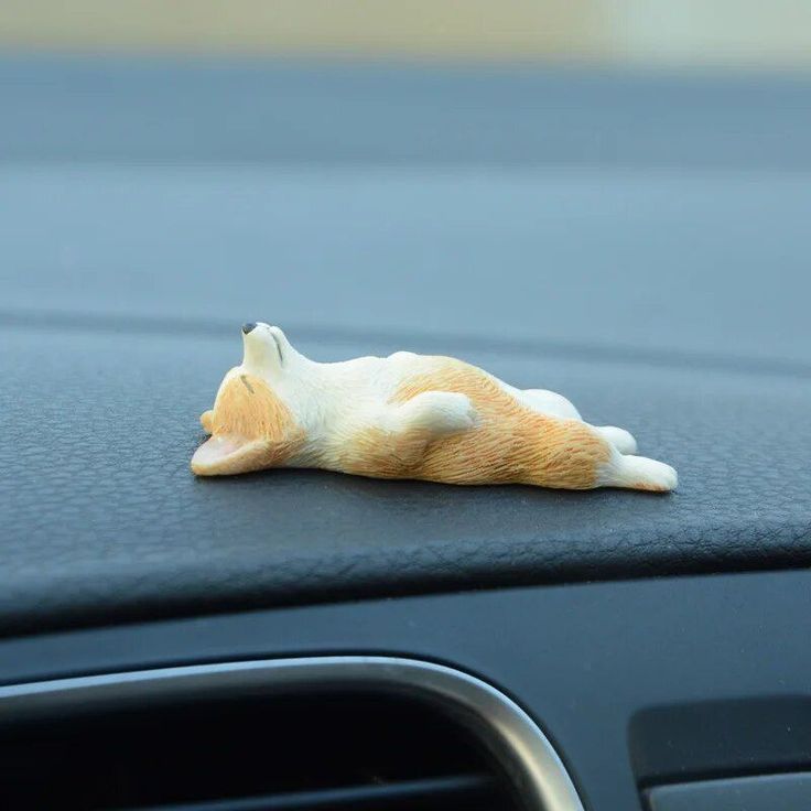 a small toy dog laying on the dashboard of a car with it's head sticking out