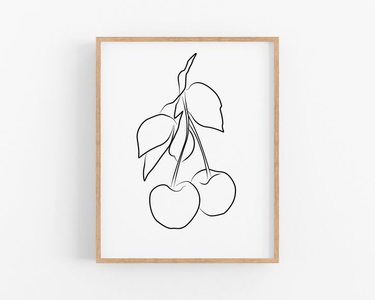 a black and white line drawing of cherries on a white background framed in a wooden frame