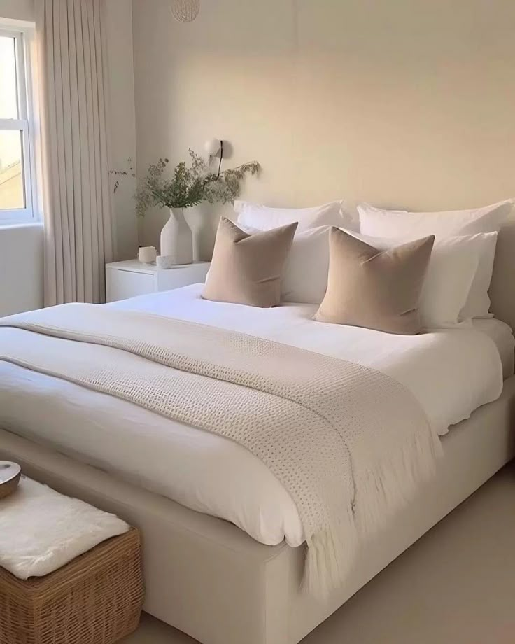 a large white bed sitting in a bedroom next to two nightstands and a window