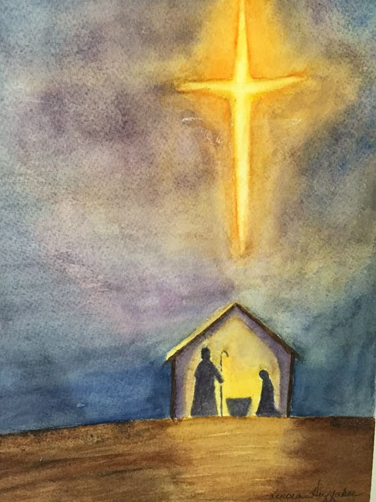 a watercolor painting of a manger scene with the birth of jesus on it