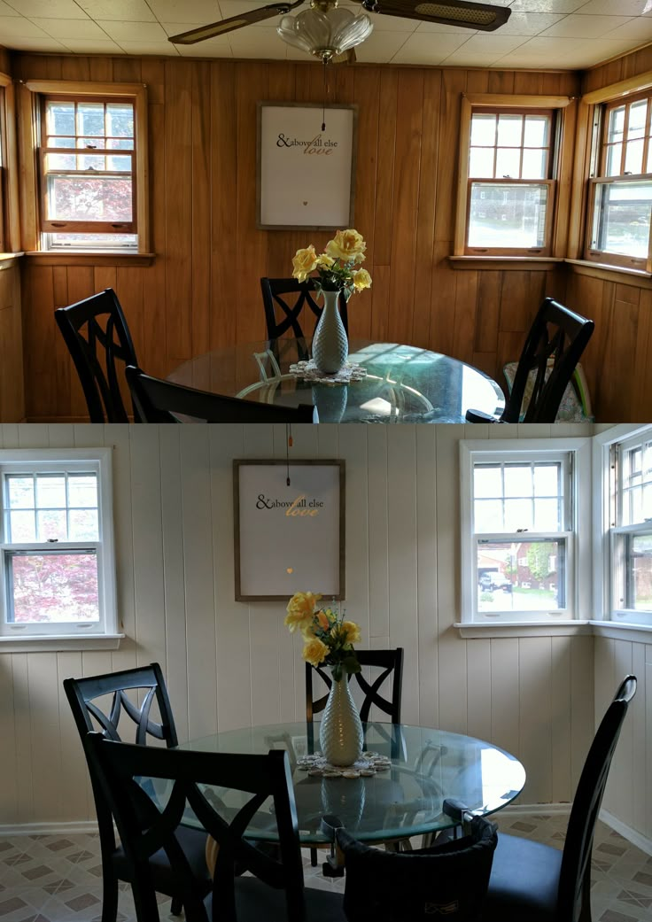 the dining room table and chairs are in two separate rooms, one has a vase with flowers on it