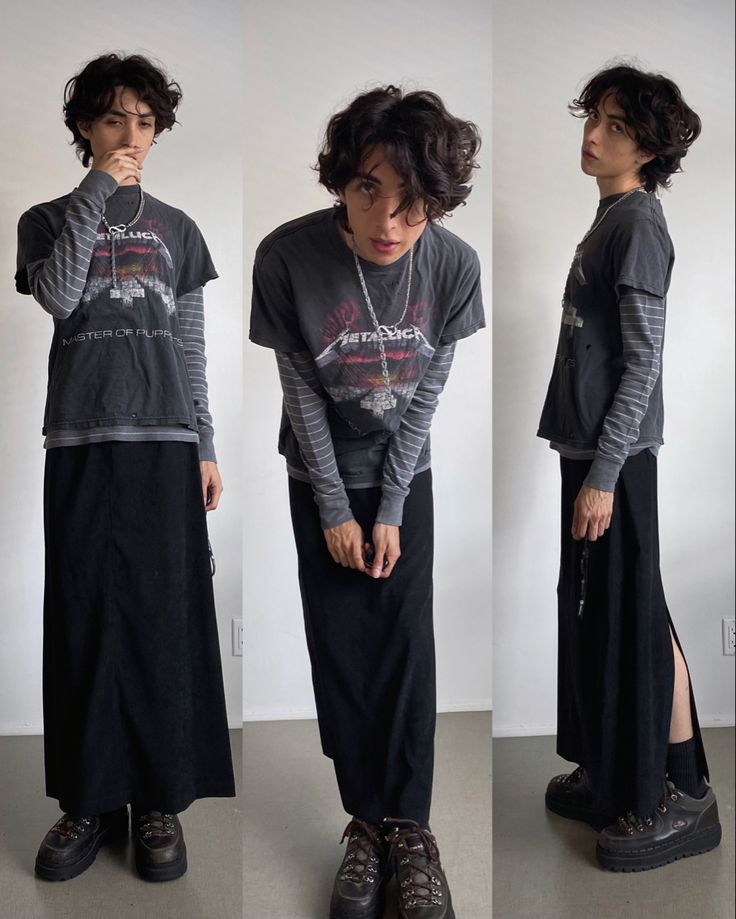 Punk Fashion Nonbinary, Guy In Long Skirt, Casual Dnd Outfits, Skirt Outfits For Men, Shakespeare Aesthetic Outfits, Nonbinary Winter Outfits, Aesthetic Masc Outfits, Nerdcore Outfit, Stand User Outfit