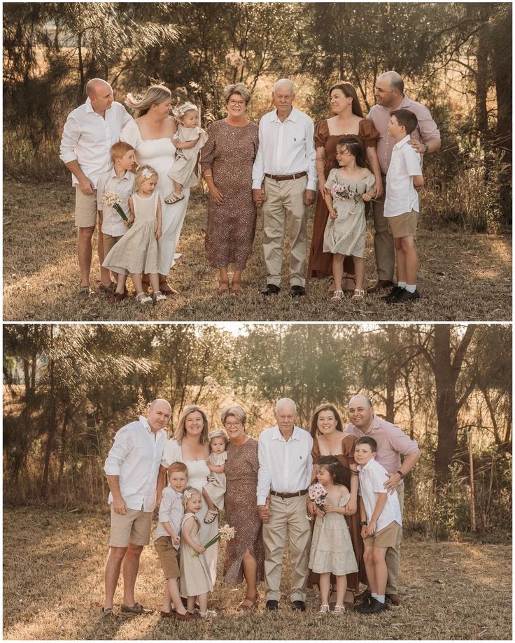 two pictures of an extended family posing for the camera in front of trees and grass