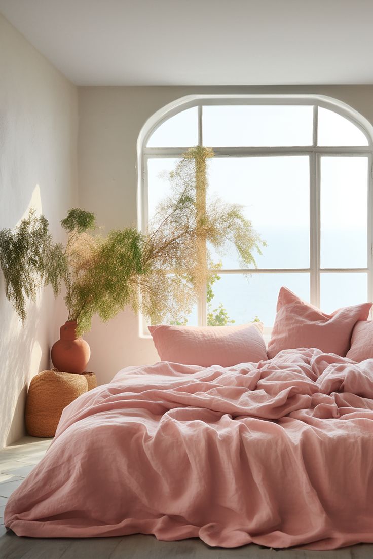 a bed with pink sheets and pillows in front of a large window overlooking the ocean