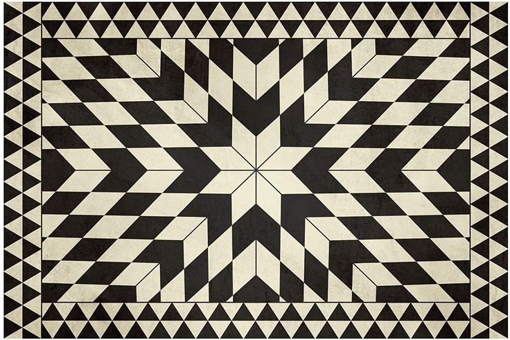 a black and white geometric design with triangles on the floor, in an old style