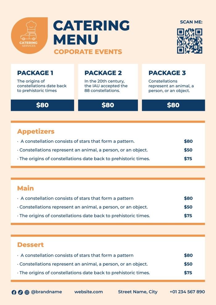 the catering menu is shown in blue and orange