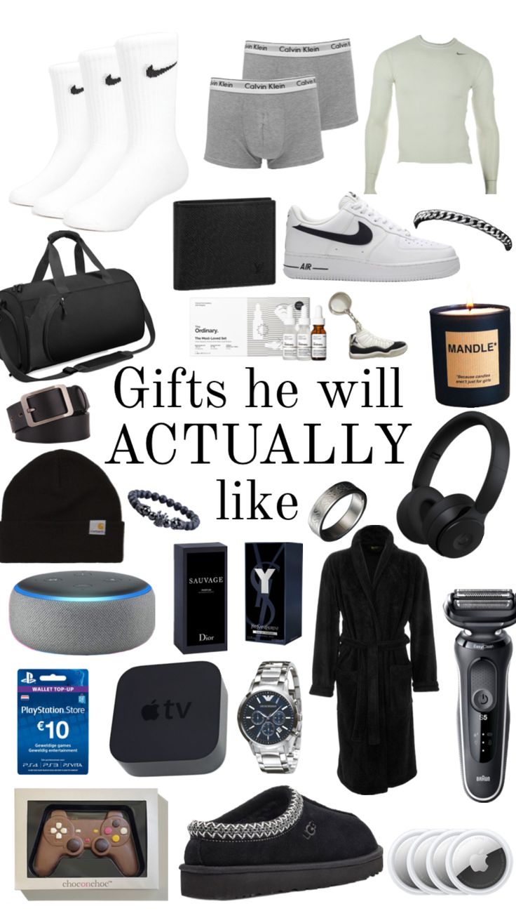 the words gifts he will actually like are surrounded by items such as shoes, socks, and other things