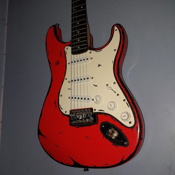 Cel Shaded Custom Electric Guitar Electric Guitar Design Ideas, Electric Guitar Custom Paint, Guitar Custom Paint, Customized Guitar, Punk Guitar, Red Electric Guitar Aesthetic Grunge, Weaponized Guitar Art, Cel Shading, Black And Red Electric Guitar