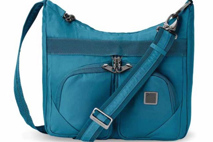 a blue handbag with two zippers on the front and one side pocket open