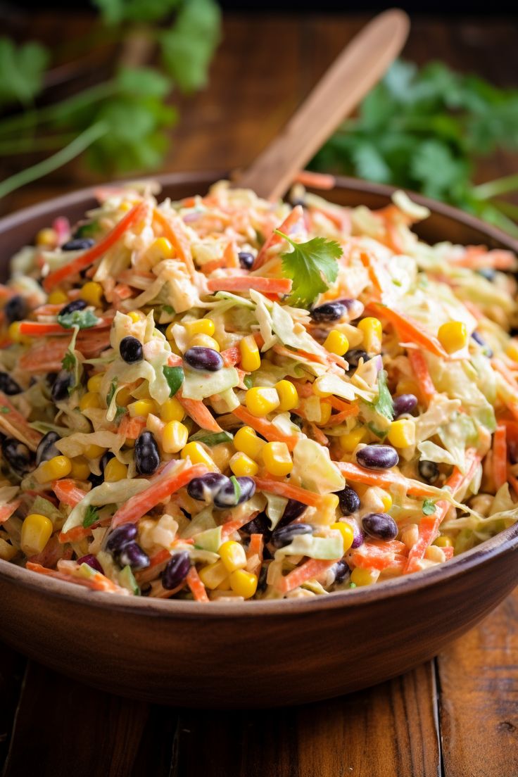 a wooden bowl filled with salad on top of a table