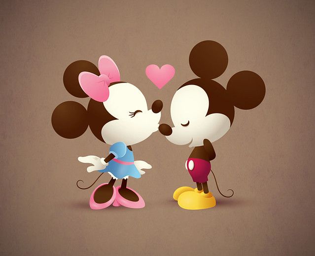 mickey and minnie mouse kissing each other with hearts on their ears in front of a brown background