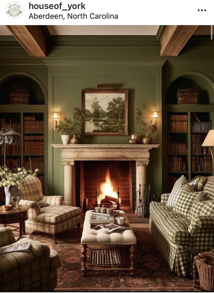 a living room filled with furniture and a fire place next to a book shelf full of books