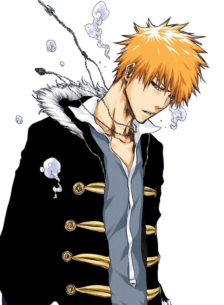 an anime character with orange hair and blue eyes, wearing a black jacket while standing in front of a white background