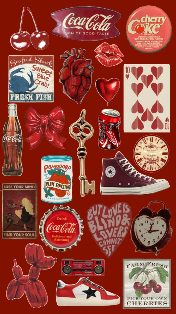 a bunch of different items that are on a red background with the words coca cola