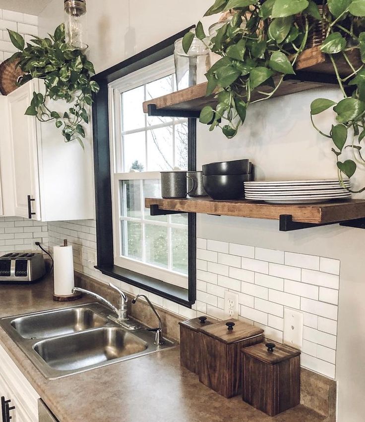 a kitchen with a sink, window and plants on the shelf above it in front of a window