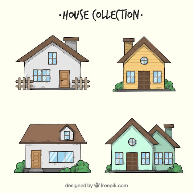 four different types of houses with the words house collection written above them in black and white