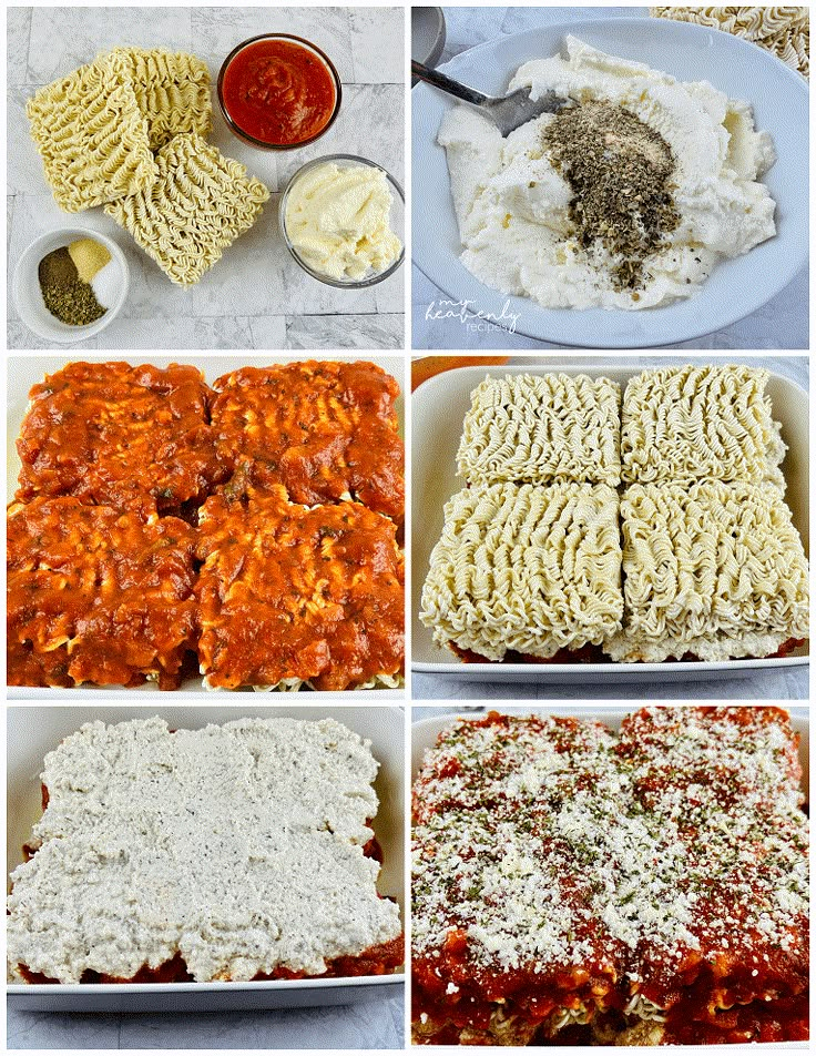 six different pictures showing the steps to make lasagna casserole with cheese and sauce