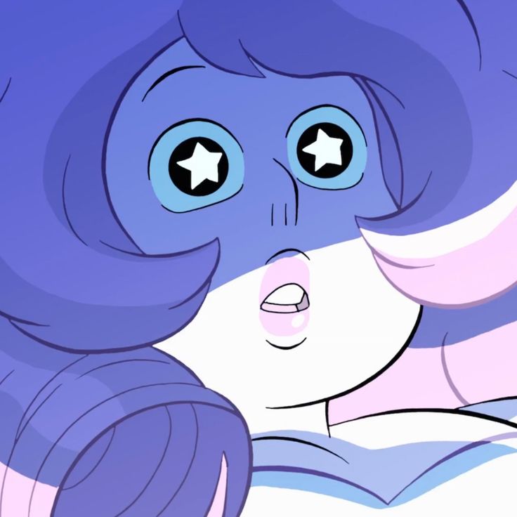 an animated image of a woman with blue hair and stars on her eyes looking at the camera