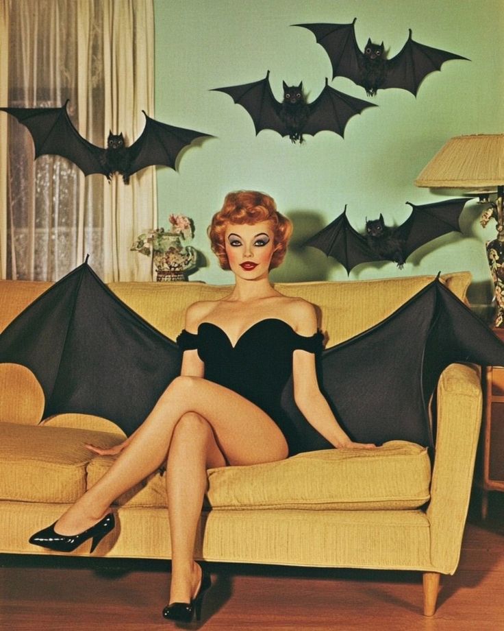 a woman sitting on top of a couch in front of bats