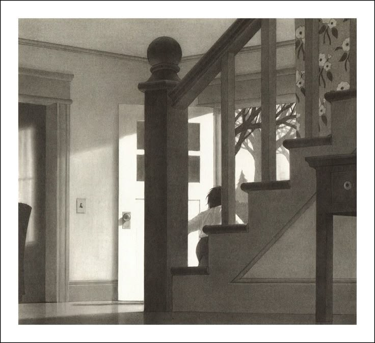 a black and white photo of a person walking up stairs