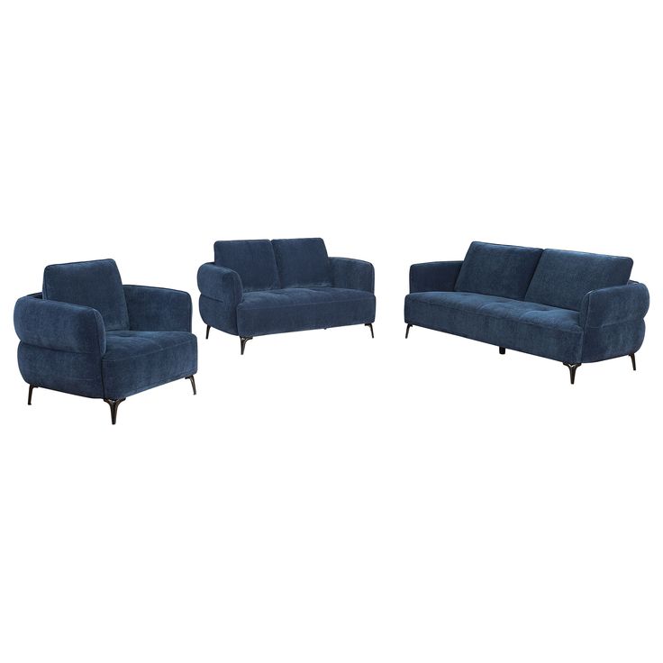 three blue couches and two chairs sitting next to each other on a white background