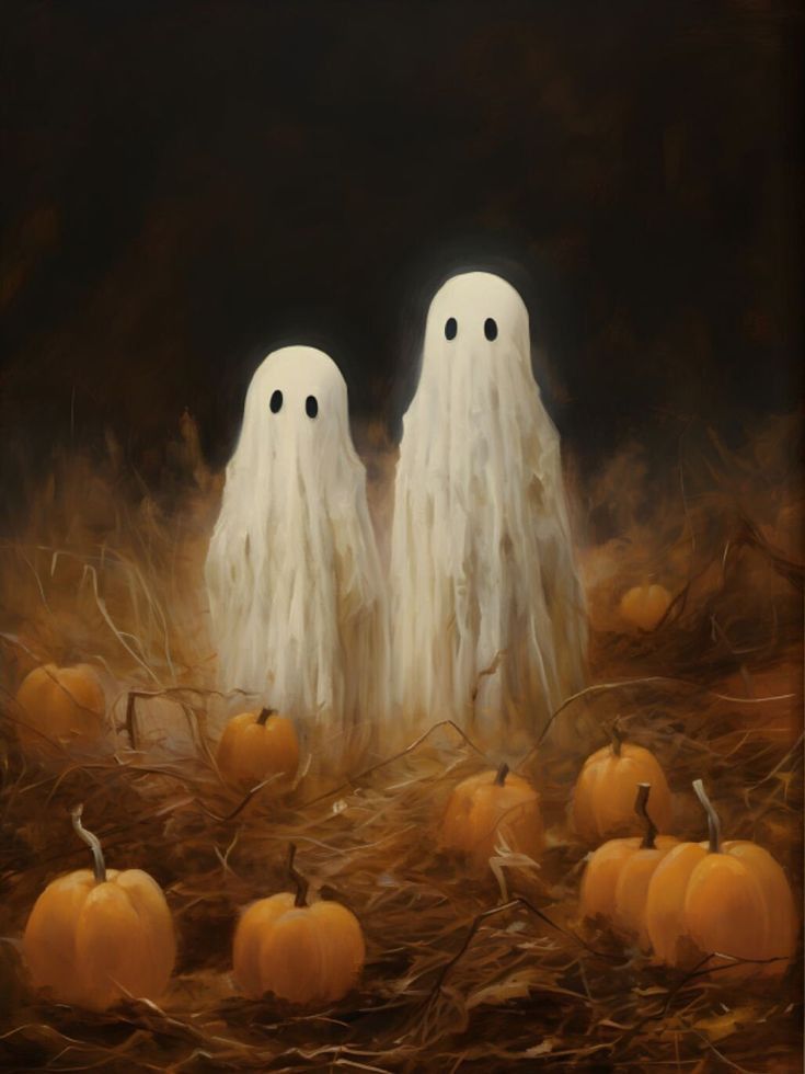 two white ghost - like figures standing in the middle of a hay field with pumpkins