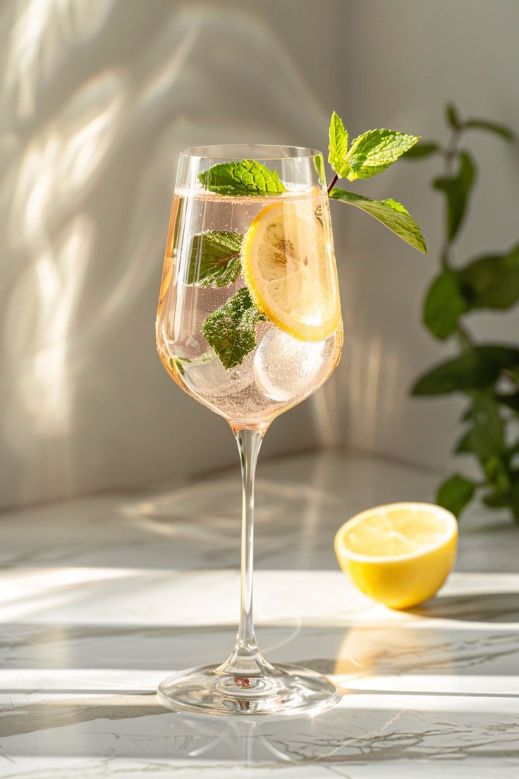 a glass filled with water and lemon slices