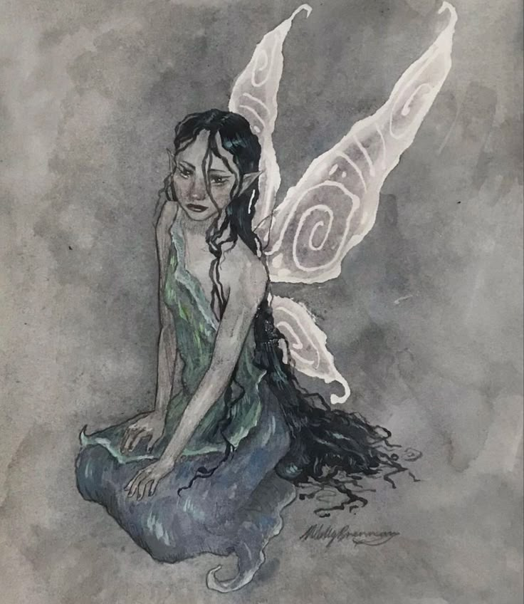 a drawing of a fairy sitting on the ground