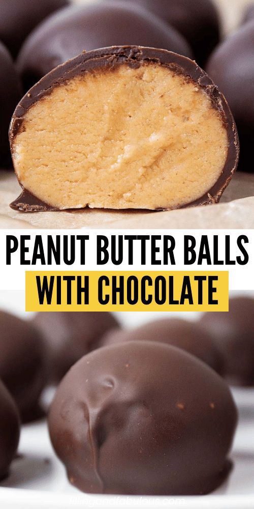 peanut butter balls with chocolate on top and in the background text overlay reads, peanut butter balls with chocolate