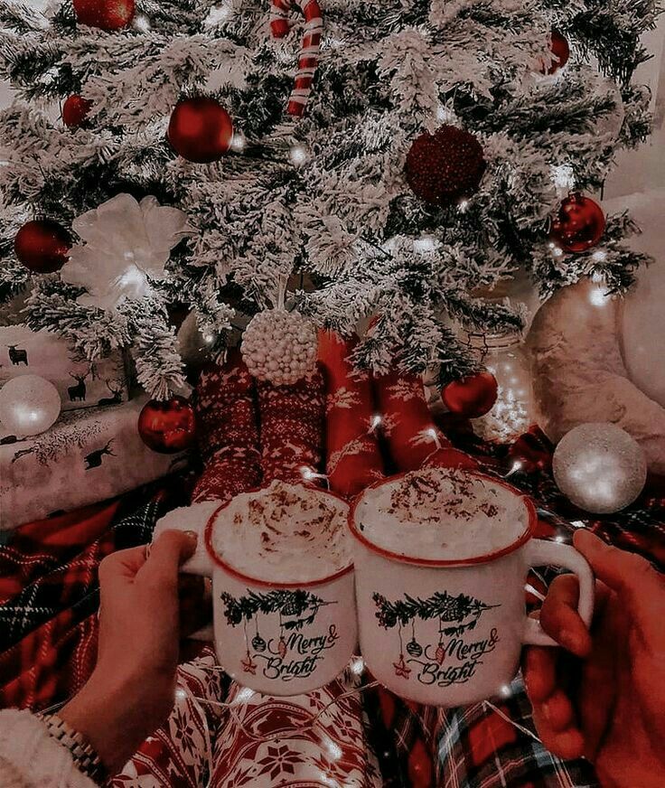 two people holding coffee mugs in front of a christmas tree with ornaments on it