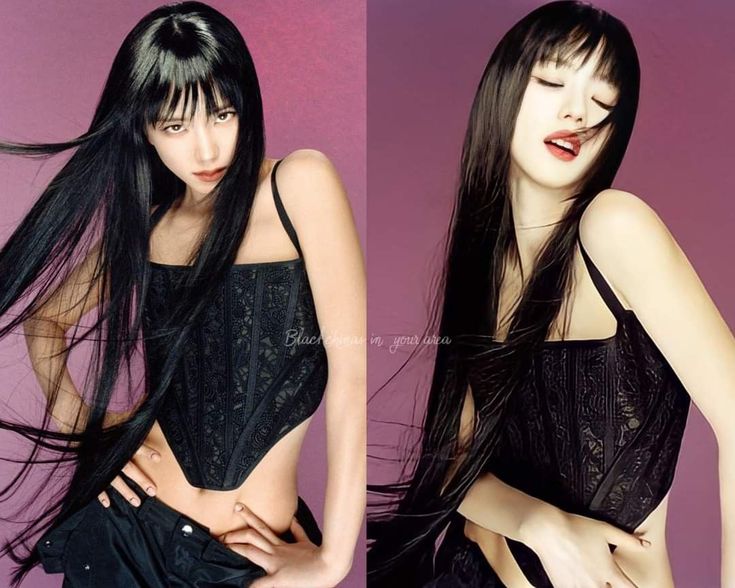 two pictures of a woman with long black hair