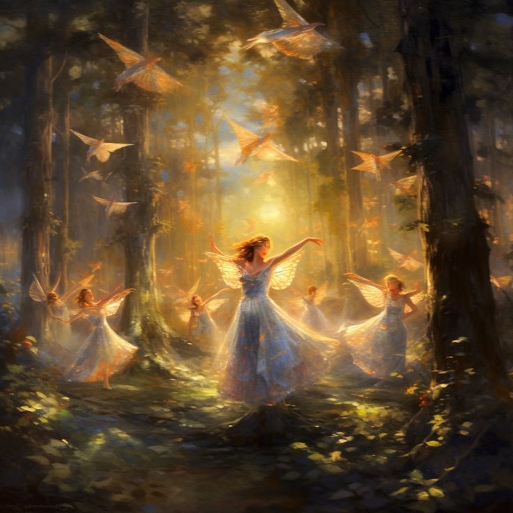 a painting of a woman in the woods surrounded by birds flying above her, with trees and leaves surrounding her