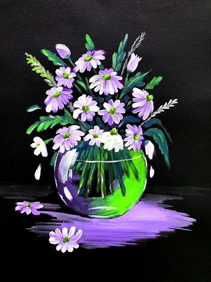 a painting of purple and white flowers in a green glass vase on a black background