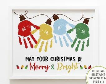 a christmas card with three handprints hanging on a string and the words may your christmas be merry and bright