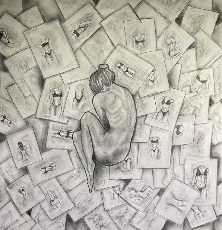 a drawing of a person sitting in front of many pictures on the ground with their backs to each other